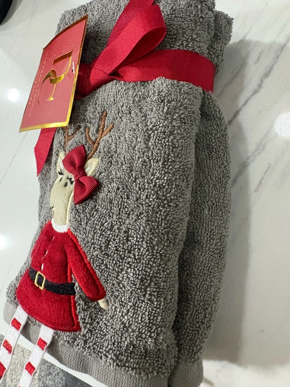 Gray Holiday Reindeer Hand Towel with Red Accent